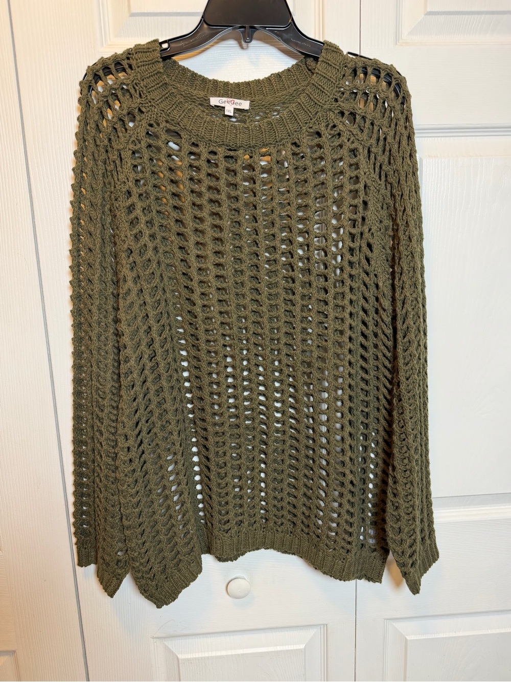 GeeGee 1XL Olive Open Knit Crochet Sweater Fishnet Pullover Plus Size